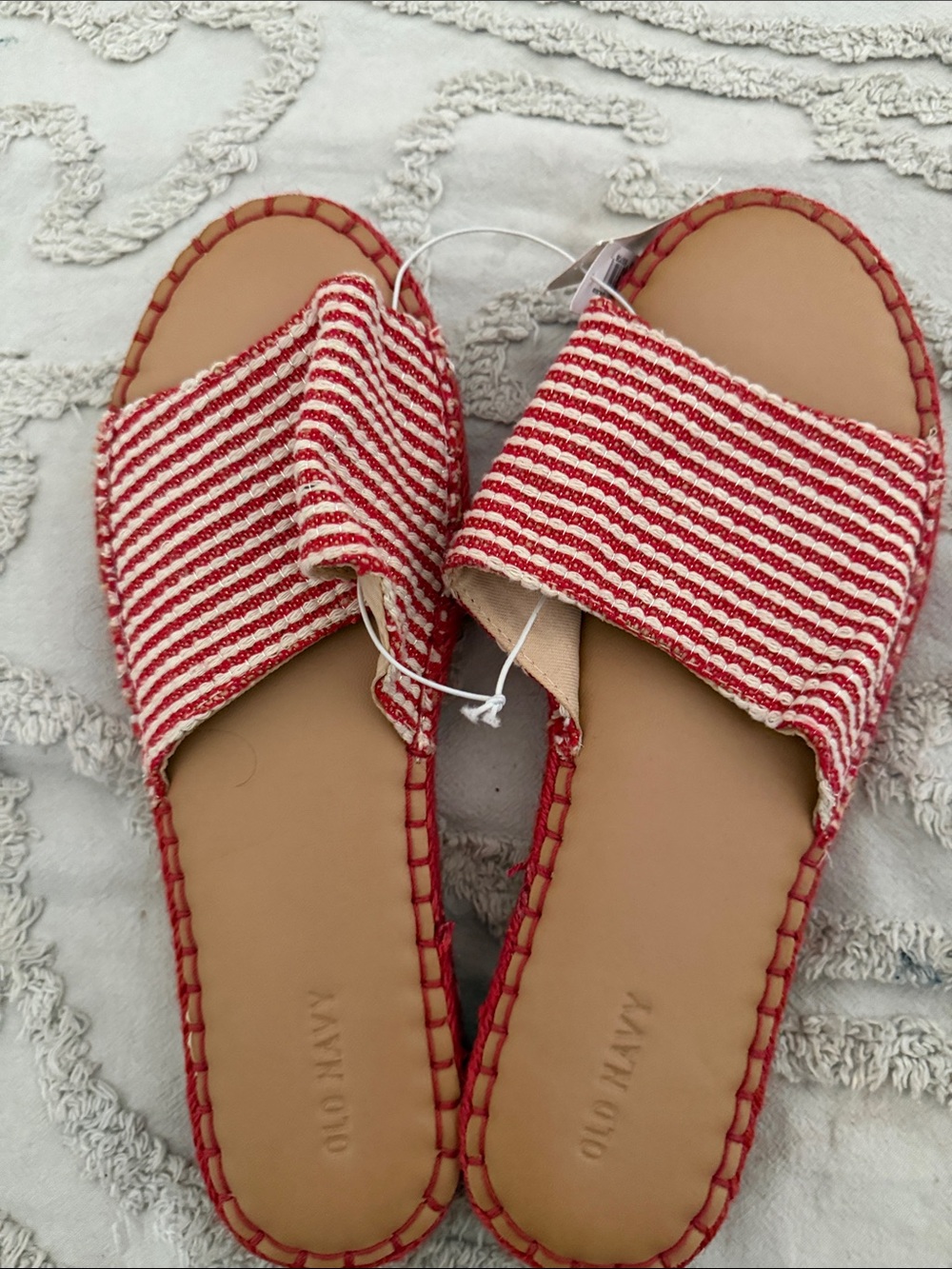 Old Navy Red and White Striped Slide Sandals with Tan Footbed